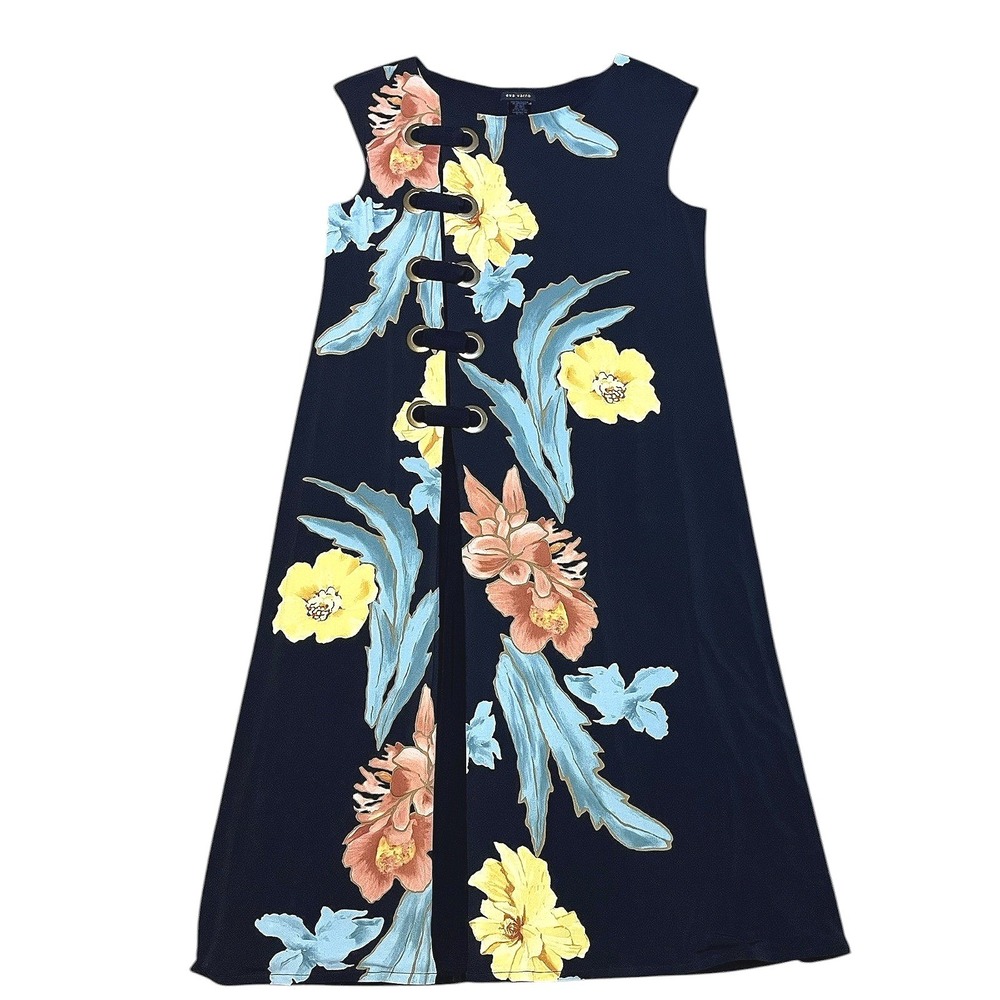 Eva Varro Black Floral Grommet Lace Up Sleeveless Midi Dress XL A-line stretchy - Picture 2 of 8